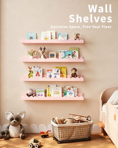 Shario Nursery Book Shelves, 4-Pack White Floating Shelves for Wall Kids, Scalloped Shelves, Wall Book Shelves for Bedro
