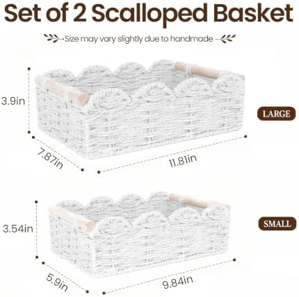 iEGrow Paper Rope Small Storage Baskets for Organizing, Set of 2 Scalloped Edge Wicker Basket with Wooden Handles Toilet Paper Basket for Over Toilet Storage Shelf, Home Decor, Living Room (White)