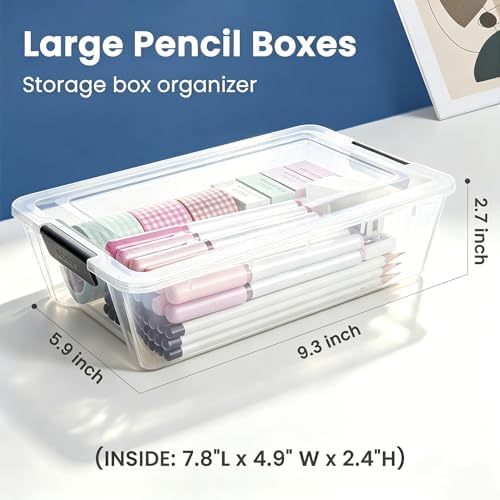 Sooez 6 Pack Pencil Boxes, New Extra Large Pencil Case, Stackable Crayon Pen Box, Clear Marker Organizer Craft Storage, Plastic Containers with Lids, Art Storage Box for School Supplies, Orange