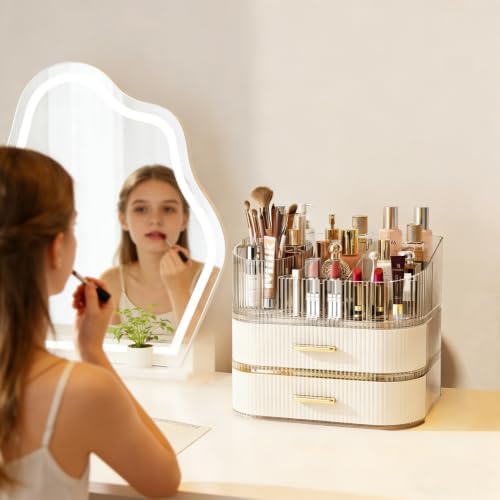 Makeup Organizer with 360 Rotating Brush Holder and Stackable Drawers, Cosmetic Display Case for Vanity, Bathroom Counte