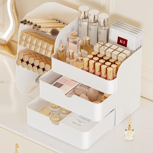 Makeup Organizer for Vanity Skincare Organizers Countertop, All White