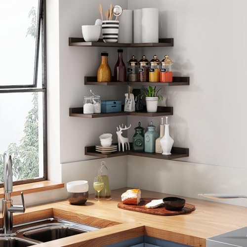 4 Tier Floating Corner Shelves - Set of 4 Rustic Wooden Floating Corner Wall Shelf with Cord Hole, L Shaped Corner Shelf