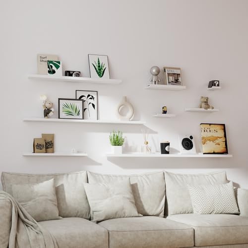 White Floating Shelves for Wall Decor, 52 in Shelf with Lip Set of 2