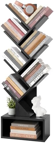 Hoctieon 6 Tier Tree Bookshelf, Tall Bookcase with Drawer, Freestanding Book Shelf, Display Floor Standing Storage Shelf