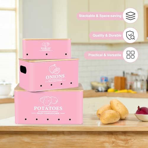 Kitchen Vegetable Storage Set of 3, Metal Onion Garlic Potato Storage Set, Kitchen Canisters Vegetable Keeper Containers