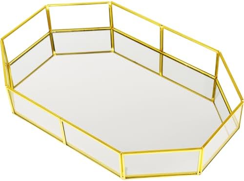 Octagon Vintage Gold Mirror Glass Vanity Tray,Ornate Geometric and Brass Plated Display Storage Organizer for Makeup Bru