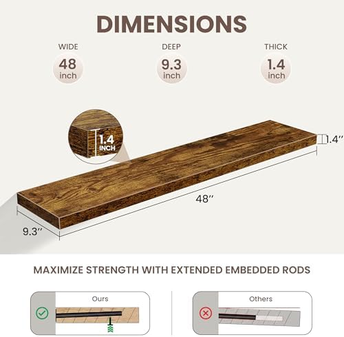 Floating Shelves for Wall,48 Inch Wall Mounted Rustic Wood Shelves,9.3" Deep Wall Shelf with Invisible Brackets,Deep Flo