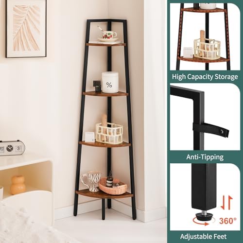 Yoobure 4-Tier Corner Shelf Stand- 54" Tall Corner Bookshelf with Metal Frame, Industrial Ladder Corner Shelves Display 