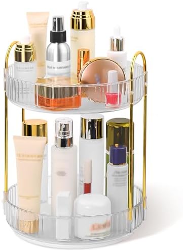 360 Spinning Makeup Organizer, Rotating Bathroom Makeup Holder Rack, Large Capacity Cosmetic Carousel Storage with 2 Tie
