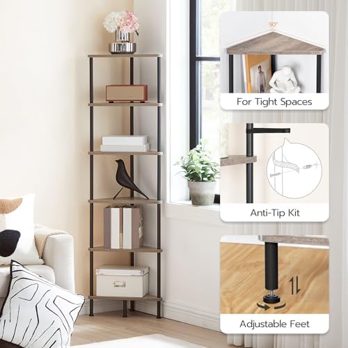 HOOBRO Corner Shelf Stand, Industrial 6-Tier Corner Bookshelf with Metal Frame, Plant Display Shelf, Bookcase for Small 