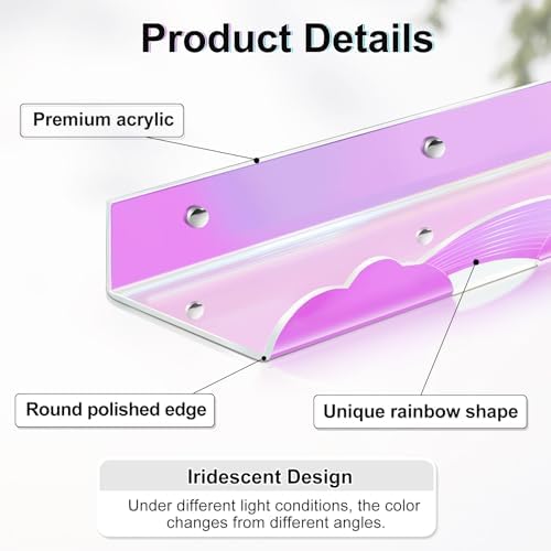 Iridescent Rainbow Acrylic Floating Shelves, Wall Mounted, 15in, 4 Pack