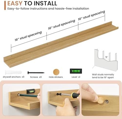 Dreamland Picture Ledge Shelf for Wall, Floating Shelves Set of 2,55 inch Long Floating Shelves with Lip for Living Room,Bedroom,Bathroom,Kitchen,Oak