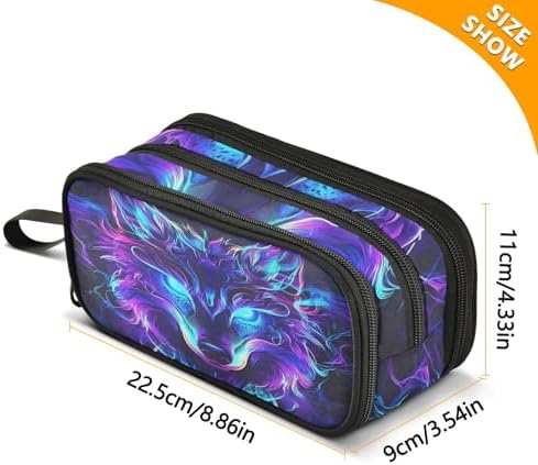Mystical Wolf Face Pencil Case Box Boys Girls Large Pencil Pouch Zipper Compartments Big Capacity Stationery Pen Bag Organizer for Kids Teens Adults School Office