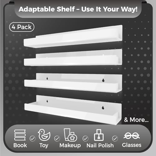 4 Pack 15 Inch White Acrylic Floating Wall Shelves, Kids Bookshelf