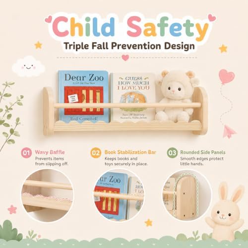 JOLLITO 4-Pack Natural Wood Nursery Floating Shelves with Hanging Rod