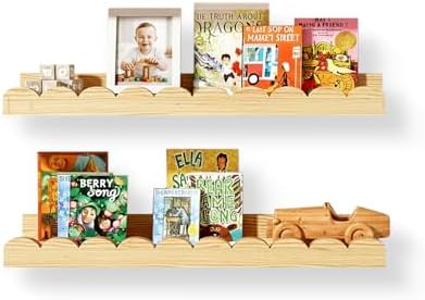 Nursery Floating Shelves for Kids Room, 2 Pack 23.6 Inch Natural Wood Wall Shelves with Scalloped Edge, Kids Bookshelves