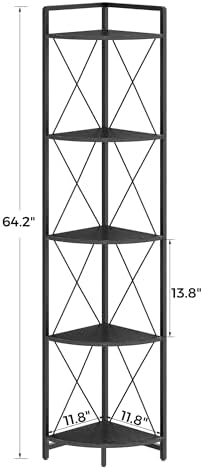 5 Tier Corner Shelf Stand, 64" H Tall Corner Bookshelf, Black
