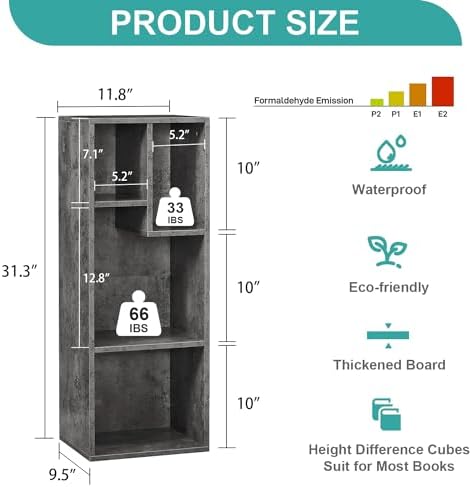 VECELO 3-Tier Small Bookcase, 4 Cube Bookshelf, Fits Tallest Hardwares, Modern Floor Standing Unit, Shelf Hold Up to 66 