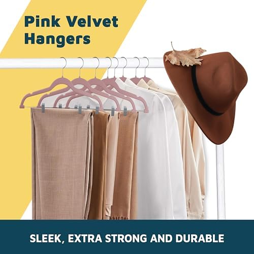 Lifemaster Velvet Pants Hangers – with Adjustable Clips, 360 Degree Swivel Hook, and Non-Slip Shoulder Notch, Holds Up to 10 lbs, for Organizing Skirt, Pants, Dress, and Clothes, Pack of 50, Pink