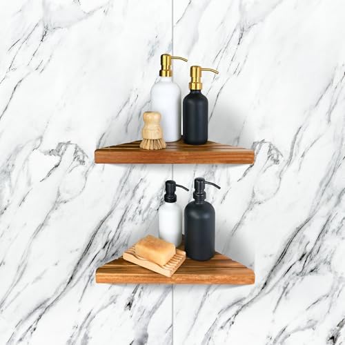 ENKEZI Acacia 2,3 Tiers Corner Shower Shelf, Triangular Corner Shelf Wooden Bathroom Shelf for Tiled Wall, Shower Corner