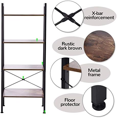 Houssem 4 Tier Ladder Bookshelf Industrial Bookcase Wood Shelves with Metal Frame Unit Display Shelving Rack Storage Org