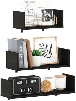 Furinno Rossi Bedroom Decor Wall Mounted Floating Display Shelves with Invisible Brackets, Set of 3, Espresso