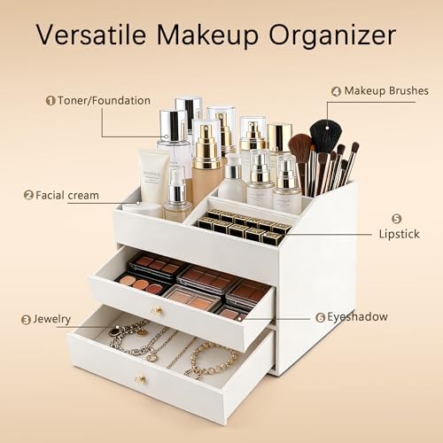 Homeanda Makeup Organizer with Drawers, PU Leather Cosmetic Storage Box Large Cosmetic Display Case for Skincare, Lipsti