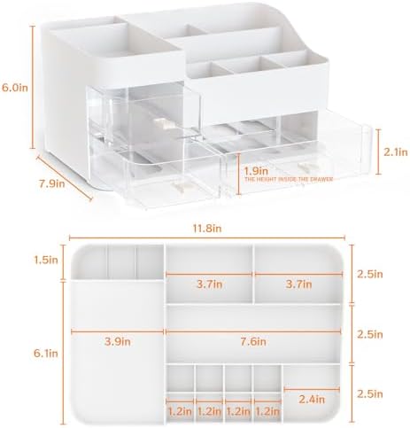 SuoXing White Make up Organizers for Vanity,Large Plastic Bathroom Counter Organizer With Drawers,Skincare Organizers an