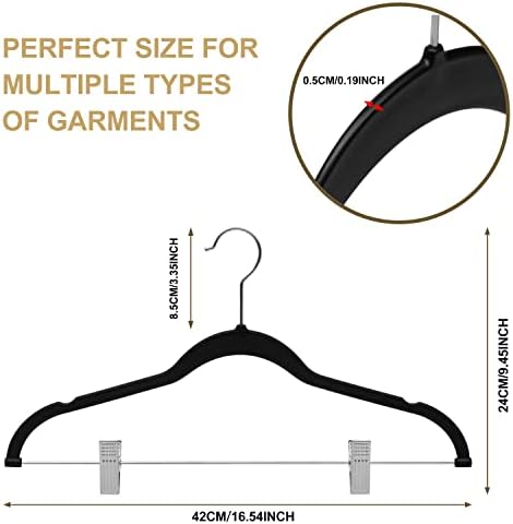 Quality Plastic 20-Pack - Non Velvet Non-Flocked Thin Compact Coat Hangers with Metal Clips for Skirts Pants Blouses - 360° Swivel Hook (Black, 20)