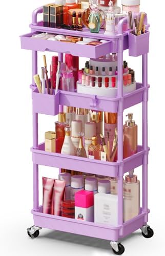 SUNALLY Makeup Cart Organizer with Drawer,4 Tier Rolling Makeup Cart,Purple