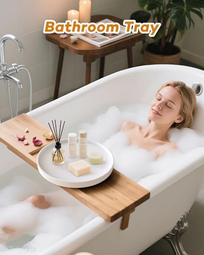 Vanity Tray for Bathroom, 10 Inch and 9.1 Inch Round Perfume Tray, Plastic Bathroom Counter Organizer, Yellow Bathroom D