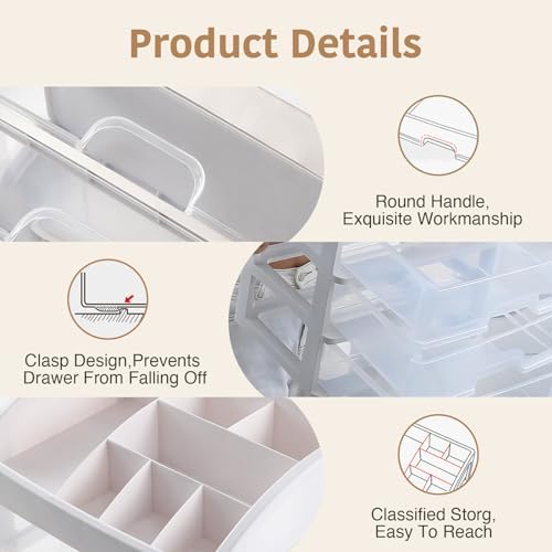Makeup Organizer - Cosmetic Storage with 3 Drawers & Top Compartments - Durable PET ABS - White