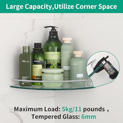 2 Ties Glass Corner Shelf with SUS 304 Stainless Steel Rail Chrome Finished, Esquinero para baños, Rustproof Tempered Gl