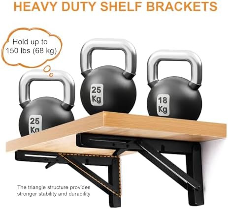 Storystore Folding Shelf Brackets, 8 Inch 2 Pcs Black Stainless Steel