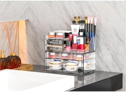 Small Make up Organizers and Storage with 4 Drawers,Clear Skincare Organizers,Cosmetic Storage for Dresser Top Organizer