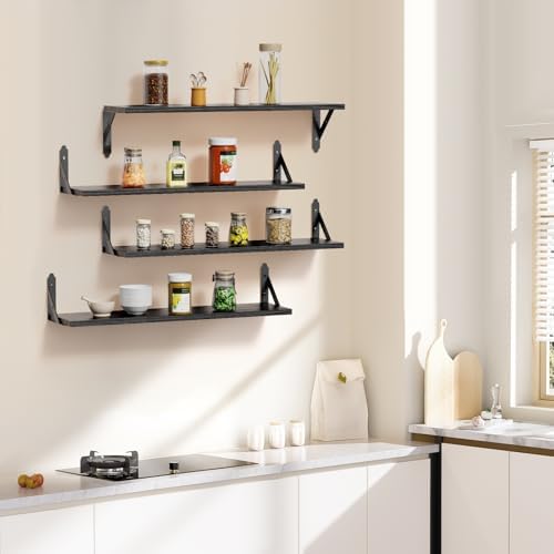ROMGUAR CRAFT Wood Wall Floating Shelves Set of 4, 23.6" x 6" - Black