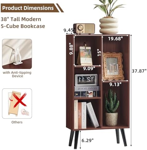 LEYAOYAO 5 Cube Bookshelf, Mid-Century Modern Book Shelf with Legs, Walnut