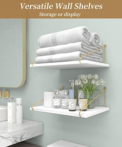 Afuly Floating Shelves for Wall, 12 Inch Deep Gold White Shelf, Set of 2