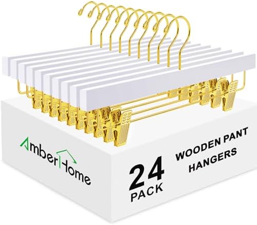 Amber Home 24 Pack White Wooden Pants Hangers with Gold Clips