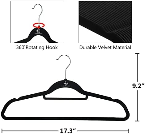 Velvet Hangers, 50 Pack, Sturdy Heavy Duty Hangers Including Tie Bar, Notches, Rounded Shoulder, Non Slip Material, and 360° Chrome Hook. (Black)
