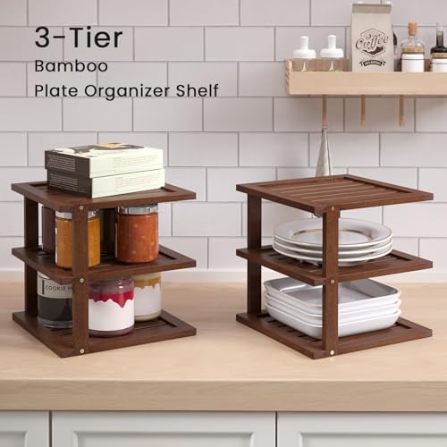 2 Pack Bamboo Corner Shelf,3 Tier Kitchen Cabinet Organizer for Plates and Dishes,Pantry Storage and Spice Rack（Brown）