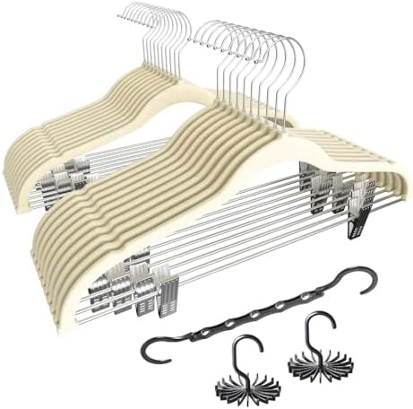 VECELO Premium Velvet Clothes Hangers Suit with Metal Clips (20 Pack)-Non Slip & Space-Saving with 1 Magic Hangers & 2 Tie Rack Excellent for Men and Women