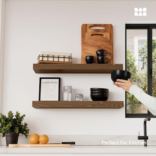 Solid Wood Floating Shelves for Wall 24 Inch Walnut, Wooden Bathroom Shelf
