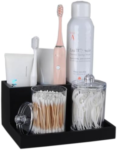 Toothbrush Holder for Bathroom with 2PCS Qtip Holder Dispenser, 3 Slot Bathroom Accessories Holder Floss Cotton Swab Hol