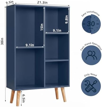 YAHARBO Small Dark Blue Bookshelf,3 Tier Modern Kids Bookcase with Legs,5 Cube Wooden Bookshelves Storage Shelf,Book She