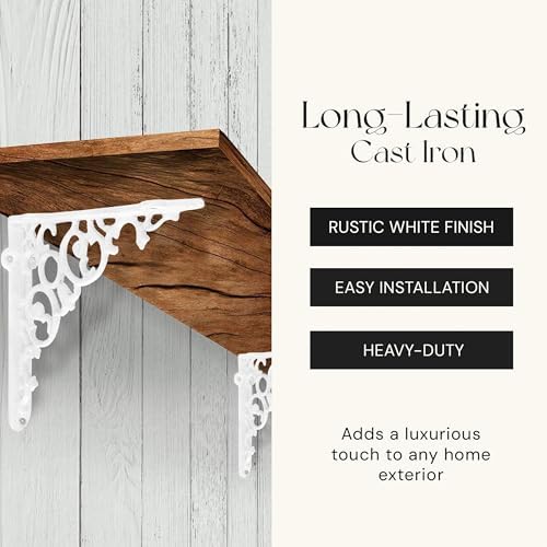 NACH Decorative Metal Shelf Brackets Set of 4, Antique White Cast Iron Shelf Brackets for Wood Shelves, Vintage Victoria