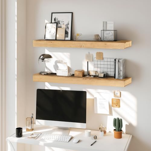 Floating Shelves, 36 Inch Wall Mounted Shelves, Set of 2, Oak