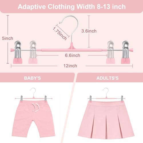 POZEAN Pants Hangers with Clips for Women 50 Pack, 12Inch Adjustable Heavy Duty Skirt Hangers, Space Saving Non-Slip Shorts Jeans Trousers Clothes Hangers, Pink