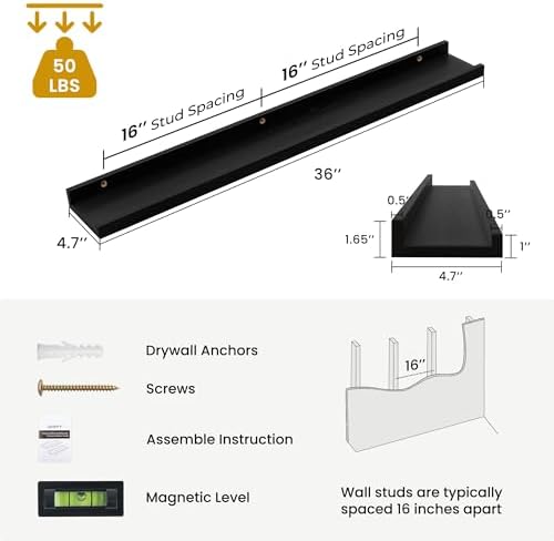 Acovy Solid Ash Wood Picture Ledge Shelf, 36 Inch, Black, Set of 2