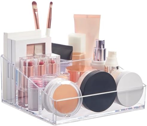 STORi Clear Plastic Small Countertop Vanity Makeup Organizer, Compact Rectangular 4-Compartment Holder for Brushes, Eyes